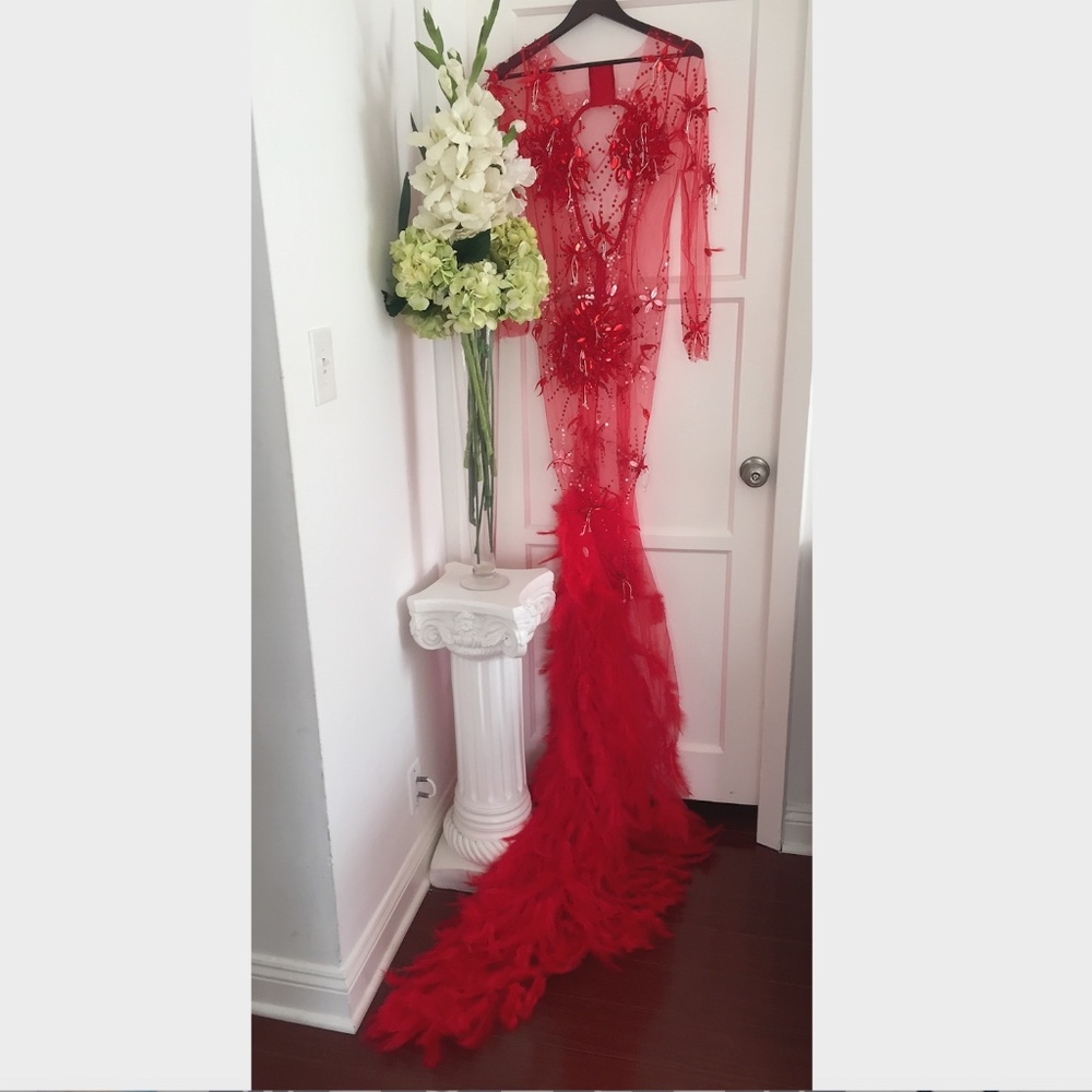 NEW! RED ANGEL DRESS HAND BEADED REAL FEATHER GOWN